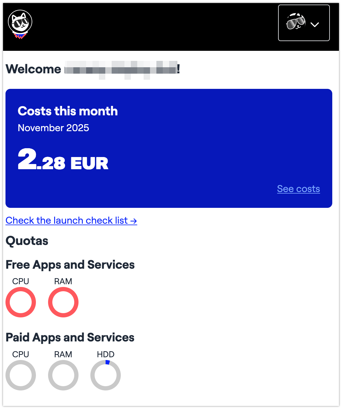 Dashboard: new quota and cost elements