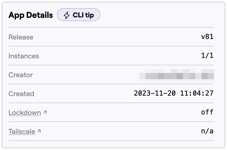 Runway UI: App details with lockdown and Tailscale status